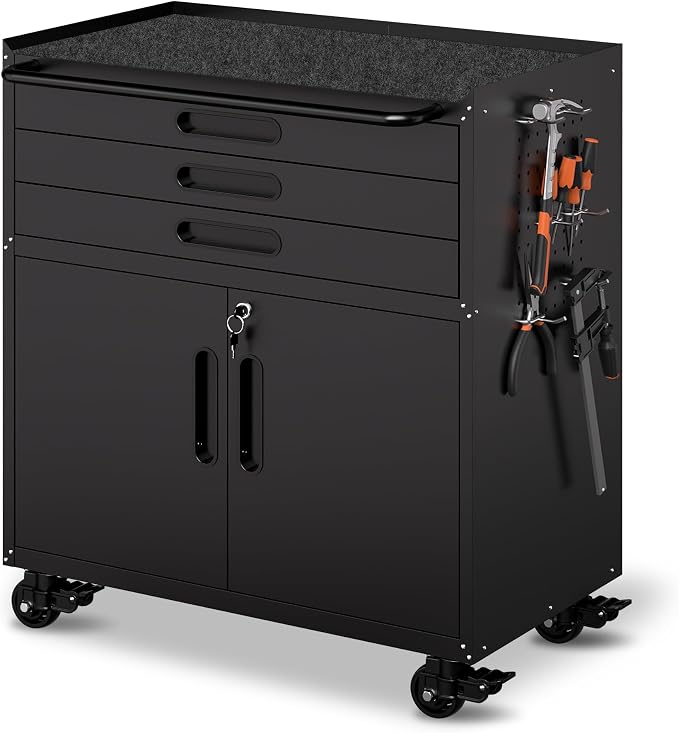 Metal Mobile Tool Storage Cabinet with 2 Locking Door and 3 Drawer | Black Heavy Duty Rolling Tool Cabinets for Garage,Metal Storage Cabinets with Wheels and Pegboard,Assembly Required