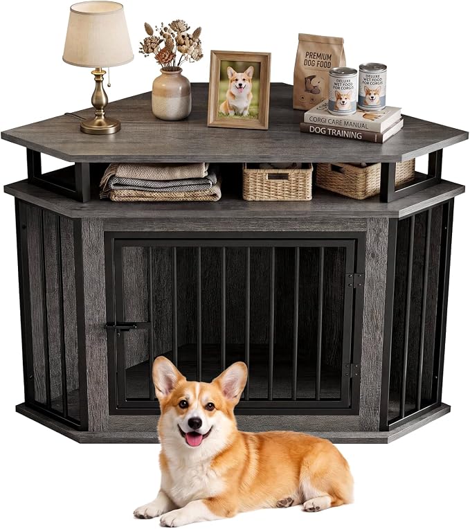 IRONCK 43.3" Corner Dog Crate Furniture with 2-Tier Shelves Gray | 10mm thickened iron frame. 2-tier storage shelves and 180 lb tabletop. 23.6"L x 43.3"W x 32"H. Space-Saving Indoor crate.