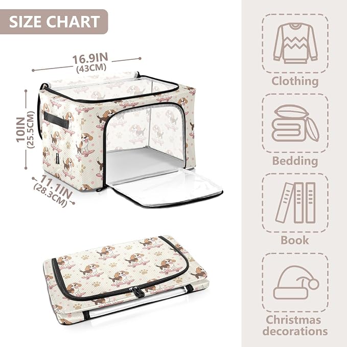 Cute Pets Dog Beige pattern Under Bed Storage Containers with Double Zipper Openings, Foldable Clothes Storage Bins with Clear Window and Handles for Bedding Comforters Blankets