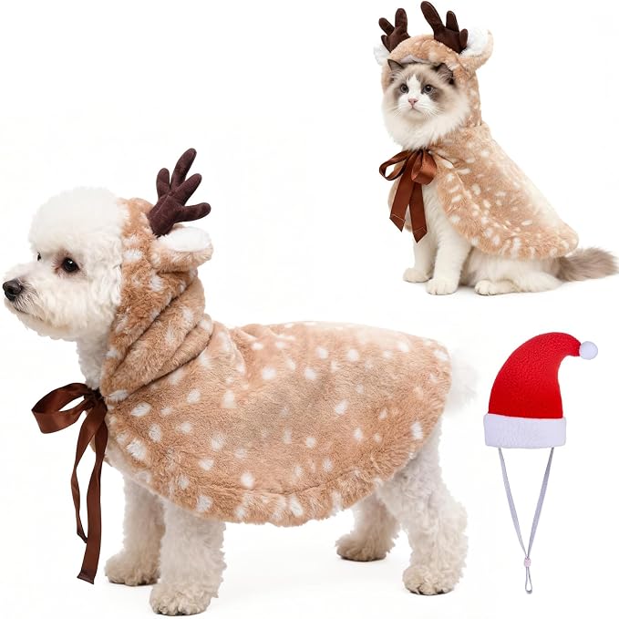 BEAUTYZOO 2 Pack Reindeer Dog Christmas Costume with Santa Hat for Small Dogs Cats, Fluffy Xmas Outfit, Cute Pet Christmas Elk Clothes, Puppy Xmas Hoodie Cloak Cape, Cat Holiday Cosplay Dress