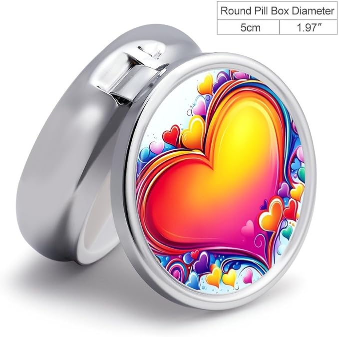 Love Heart Metal Round Pill Box, 3 Compartment Travel Organizer, Portable Pill Container with Secure Latch, 2 Inch Circular Vitamin Caddy for Pills and Vitamins, Gift for Him Her Elderly