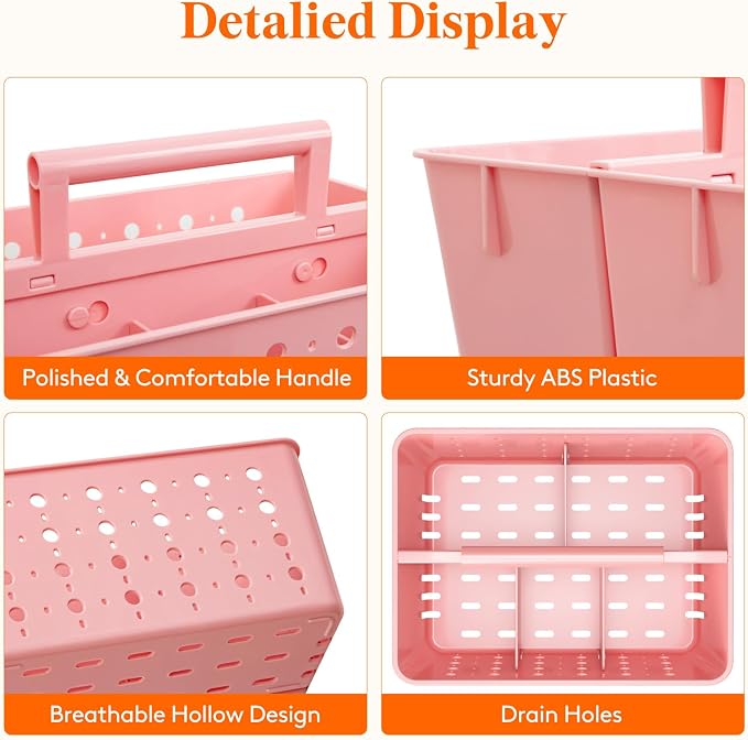 Lifewit Portable Shower Caddy, Plastic Basket Organizer, Pink, 2 Pack | Adjustable Dividers, Drain Design, College Dorm Room Essentials with Handle, for Bathroom