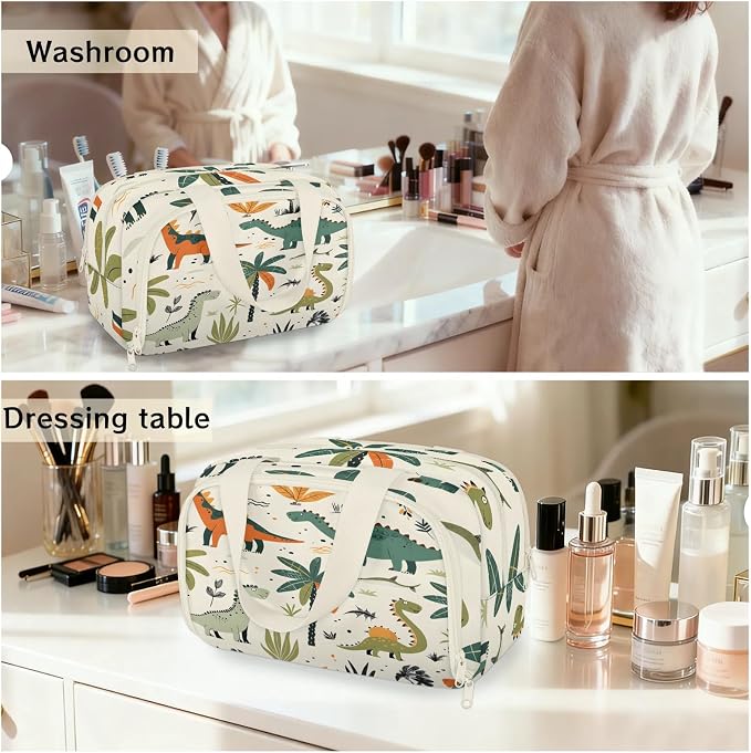 Cute Dinosaur Travel Toiletry Bag with Handle | Wet & Dry Separation, Full-Size Bottle Friendly, Leak-Proof, Waterproof, Easy to Clean, for Travel, Gym, Home