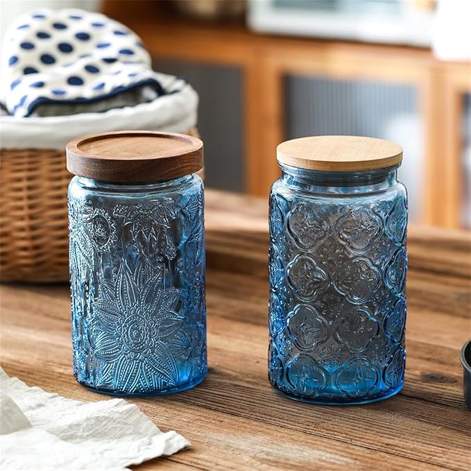 4 Pack Blue & Green Vintage Glass Jars, 34 oz Sunflower Canisters with Lids | Airtight Coffee Container, Tea Organizer, Cookie Holder, Candy Keeper, Nut Holder, Cereal Bin, Pantry Countertop Organization