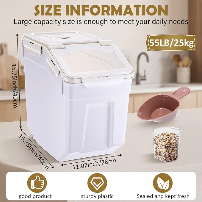 Sunnyray 6 Pcs 55 Lbs Flour Storage Container Bin,Rice Storage Containers with Wheels Seal Locking Lid, BPA Free with Measuring Cup Scoop for Rice Grain Pet Food Flour (Beige)
