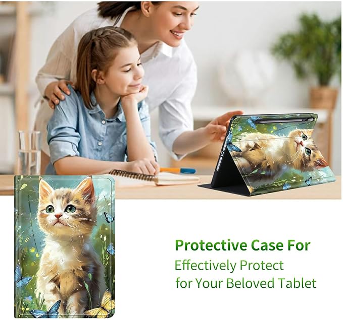 Case for Samsung Tab S10 Ultra/S9 Ultra/S8 Ultra 14.6" 2024/2023/2022 | Slim Leather Smart Cover with Multi-Angle Anti-Slip Stand [Auto Wake/Sleep] Shell for Women Men, Lawn Cat Butterfly