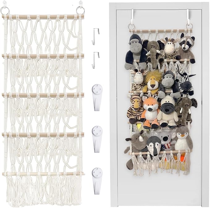Stuffed Animal Net or Hammock Corner Plush Toy Storage Organizer 4 Layer | Stuffed Animal Hammock Net with Boho Macrame Wall Hanging for Storage Saves Space Keeps Small Stuffed Animal Organized