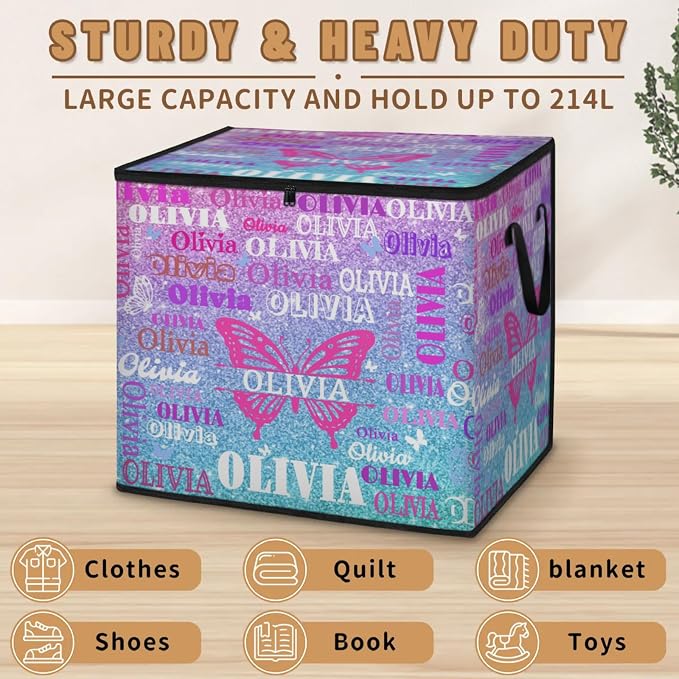 Custom Name Comforter Storage Bin with Lid, Personalized XL Butterfly Storage Basket with Handles Zippers Organizing Blankets, Bedding Closet Shelf Baskets, Pink Blue Glittery Sequins