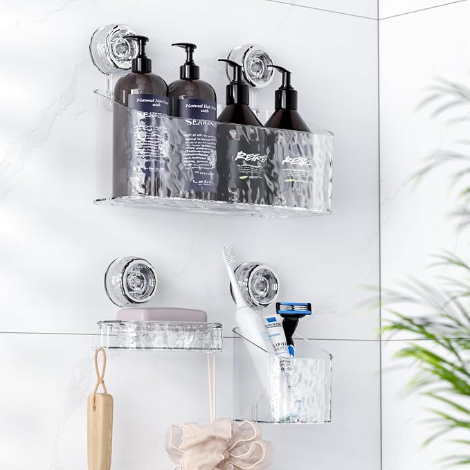 Shower Caddy Suction Cup, 3 Piece Set Organizer with Soap Dish, No Drilling Shelf for Inside Shower, Reusable for Bathroom Kitchen Living Room, Clear