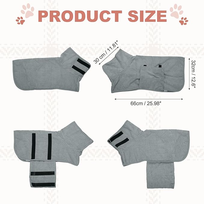Dog Drying Coat, Dog Robes for After Bath Bathrobe Super Absorbent Towel Soft Adjustable, (M, Gray), Intended for Fast Drying Warm Keeping Pet Cats Kitten Puppies