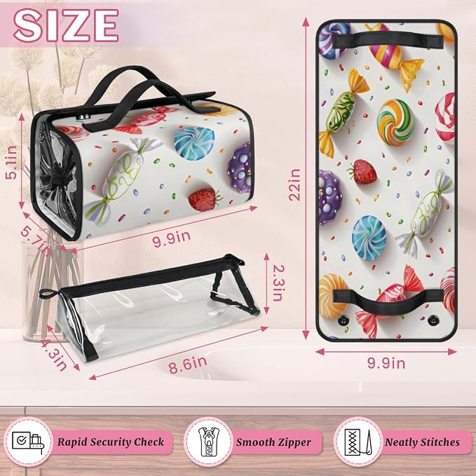 Candy Makeup Bag for Women Hanging Roll-Up Travel Organizer Toiletry Kit with 4 Removable Compartments, Colorful Candy