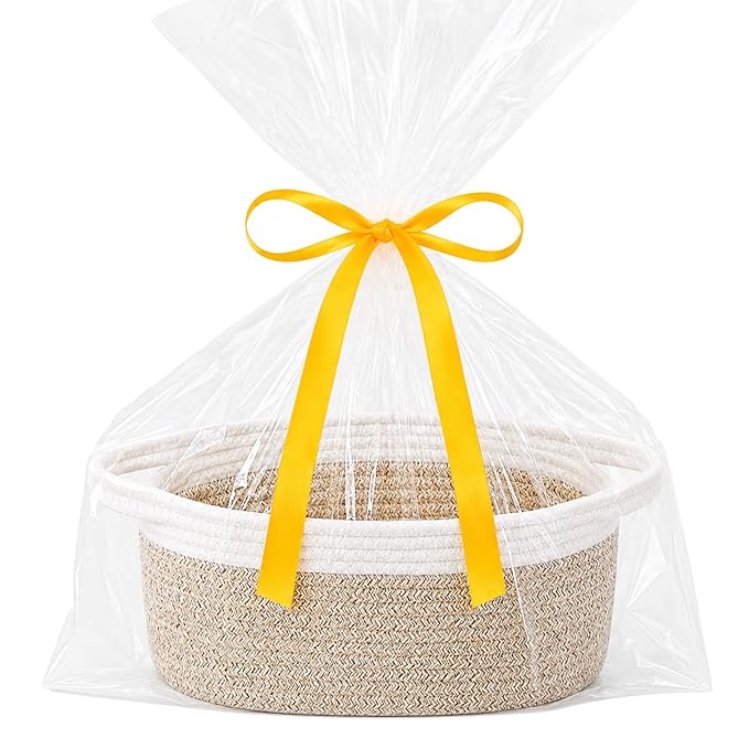 ABenkle Small Basket Empty Gift Basket, Decorative Boho Rope Woven Nursery Storage Organizer Dog Toy Baskets for Baby Showers Christmas Easter with Gift Bags and Ribbons, 12"X 8" X 5"