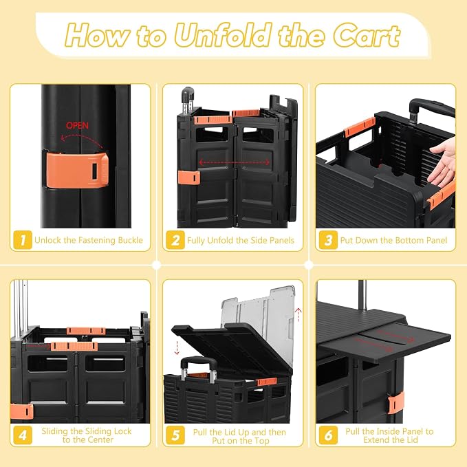 Foldable Utility Cart Rolling Crate Handcart Shopping Cart with Rotate Wheels Extended Magnetic Lid Telescoping Handle Adjustable Angle for Transports Groceries Office Teacher File(Black)