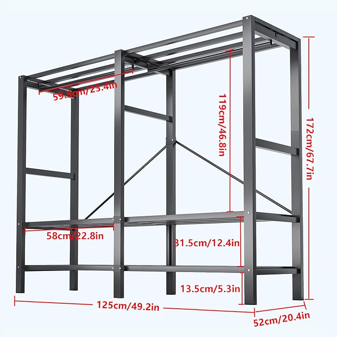 49.2in Heavy Duty Portable Closet with Cover, 1500lbs Foldable Covered Metal Clothing Wardrobe Closet System, Heavy Duty Garment Rack for Hanging Clothes, for Bedroom, Apartment, Rental Property,Red