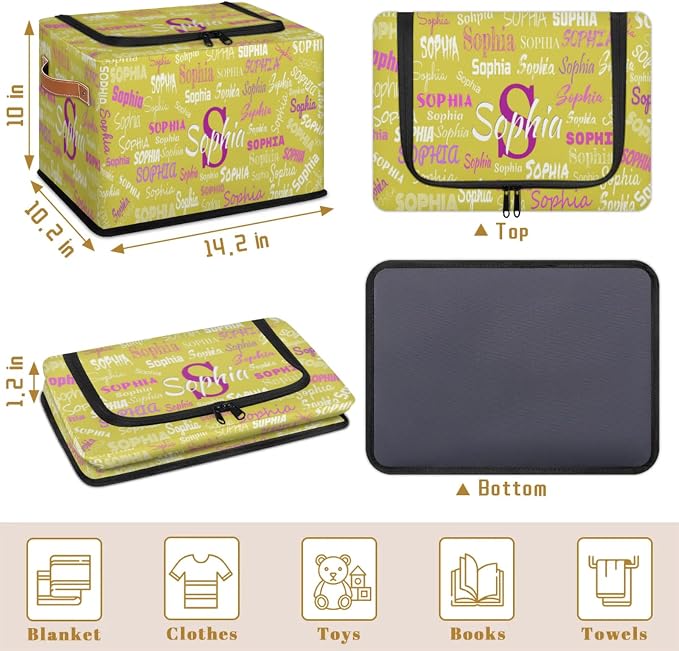 Personalized Name Storage Basket with Zipper Lid, Canvas Storage Bins Toys Clothes Organizer for Bedroom, Kitchen, Bathroom, Nursery, Shelves, Closets, Lemon Yellow Background