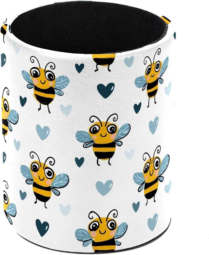 Faux Leather Pen Holder for Desk, Pencil Organizer Cute Bees Pen Cup Desk Decor Makeup Brush Holder Storage for Office Home