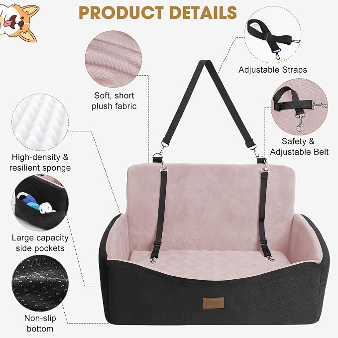 JOEJOY Dog Car Seat for Large Medium Sized Dogs Under 55 lbs, Dog Booster Seat for 2 Small Dogs with Detachable Washable Cover, Memory Foam Pet Car Seat with 2 Safety Belts and Storage Pockets