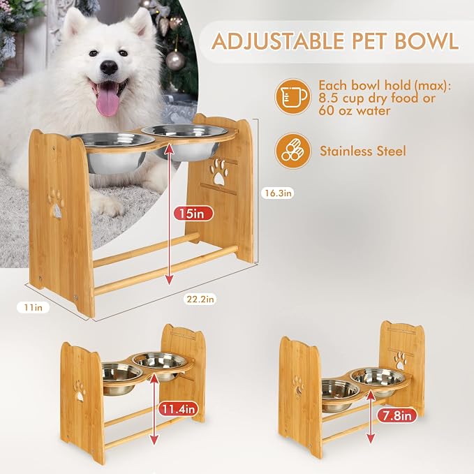 X-ZONE PET Elevated Dog Bowls for Cats and Dogs, Adjustable Bamboo Raised Dog Bowls for Large Dog, Food and Water Stand Feeder with 2 Stainless Steel Anti Slip Feet (Height 7.9" to 11.4" to 15")…