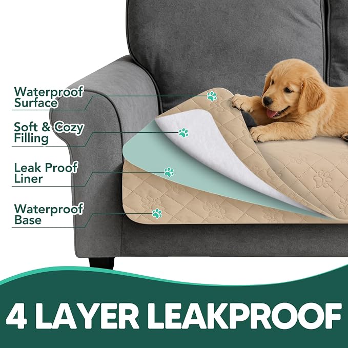 PAWFINITY Waterproof Bed Cover for Dogs, Pet Blanket for Mattress Washable | Paw Print Quilted, Hair Resistant, Anti Cat Scratch, Pee Proof Furniture Protector for Queen Size Bed, 68x82 Inch, Beige