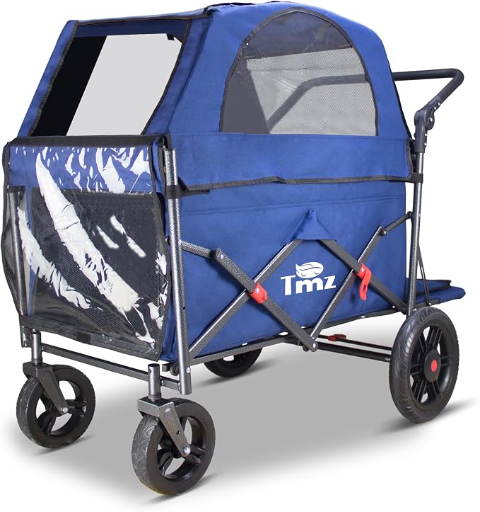 TMZ Collapsible Wagon Cart, Folding Utility Wagon with Breathable Fabric, Canopy, Expandable Storage, Adjustable Handle, Brake, Heavy Duty Cart for Walking & Camping (Blue)