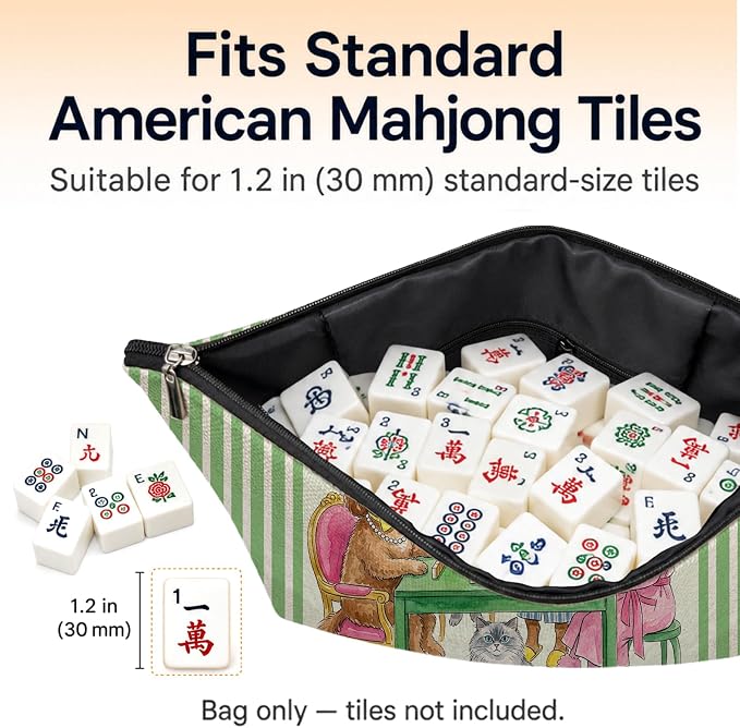 Funny Dog Cat Empty Mahjong Tile Bag 13x7.8 Inch | Green Striped Pet Portable Travel Case Organizer Zipper Pouch for American Mahjong Tiles Game Night Accessories and Gifts