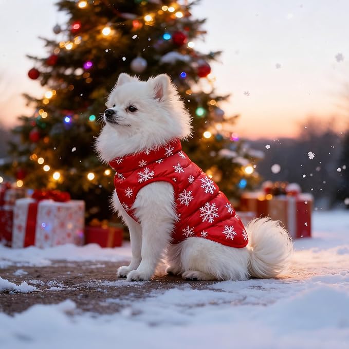 Idepet Pet Dog Cat Coat with Leash Anchor Color Patchwork Padded Puppy Vest Jacket Teddy Chihuahua Costumes Pug Cloth XS S M L(XX-Large,Red-Snowflake)