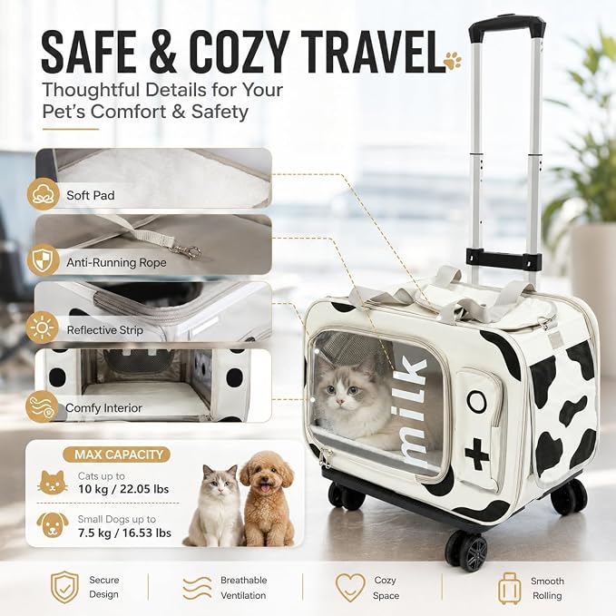 Pet Carrier with Wheels,Steel Wire Frame Cat Carrier,with Upgraded Wheels and Telescopic Handle,for Car Travel Bus Subway, Beige