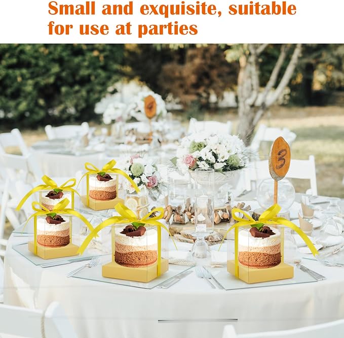 12 PCS Clear Cupcake Boxes 3.5 Inch Cupcake Containers (Yellow) | Disposable Cupcake Carrier Plastic Individual Cupcake Storage Holder with Ribbons and Inserts for Wedding, Birthday Party