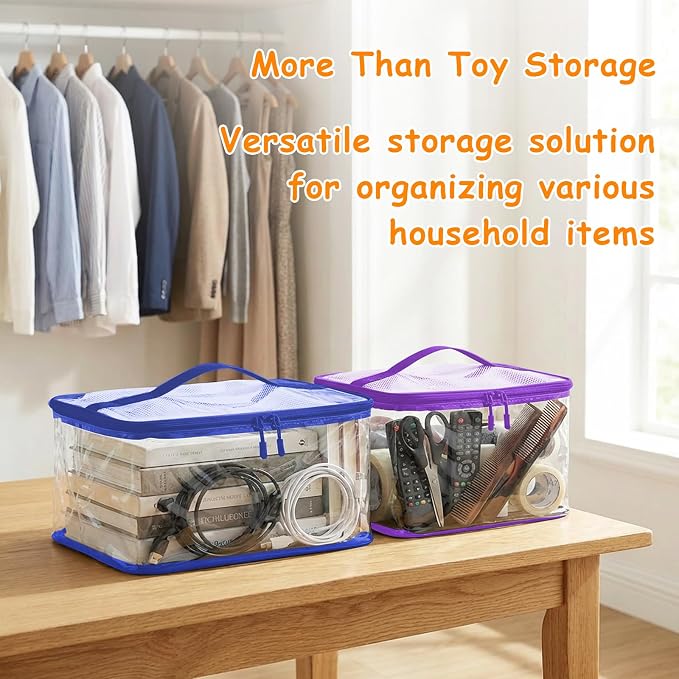 HOUYEE 6 Pack Extra Large Clear Toy Storage Bags With Zipper (Colorful) | Toy Organizer Bags with Name Tags and Mesh Pocket,Reusable PVC Waterproof Storage Bags for Toys, Board Games, Building Blocks