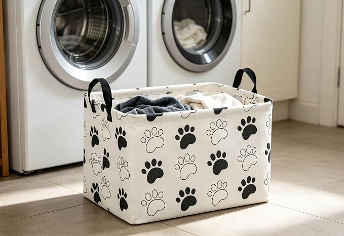 Essme Rectangular Dog Basket, Cute Storage Basket with Handles for Room Decor, Dog Bins,Puppy Storage Bin（Dog Paw）