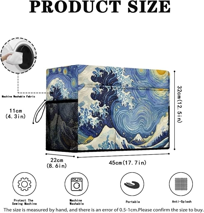 Customized The Great Wave Sewing Machine Cover - Inspired by V-Gogh's Starry Night, Fits Standard Singer, Brother and Janome Machines, Protecting & Decorating Your Sewing Space (Blue)