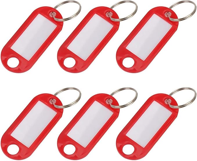 25 Pcs Key Tag Plastic Coded Key ID Label Tags Split Ring Keyring - Hotel Key Labels Organizer - with Label Window Ring Holder,Red
