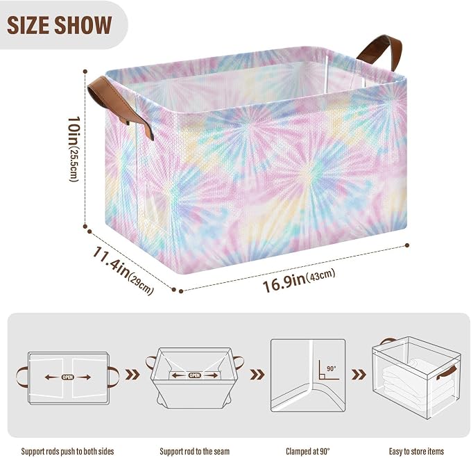Colorful Tie-dye Rainbow Abstract Storage Basket Foldable Cube Storage Bin with Handles&Label Collapsible Organizer Box Bin Large Rectangle Decorative Basket for Shelve Home Living Room Closet