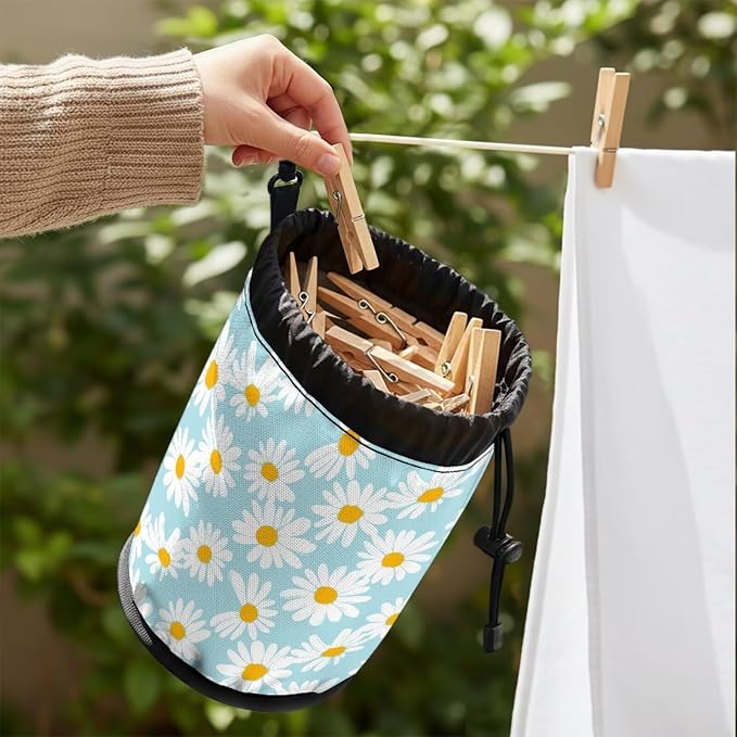 Daisy Clothespin Bag with Hanging Hook Laundry Canvas Clothes Pin Holder Waterproof Clothespin Bag Clothespin Storage Organizer with Drawstring Closure