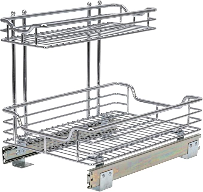 Household Essentials Glidez 2‑Tier Multipurpose Chrome‑Plated Steel Pull‑Out/Slide‑Out Under Sink Organizer, Chrome Finish