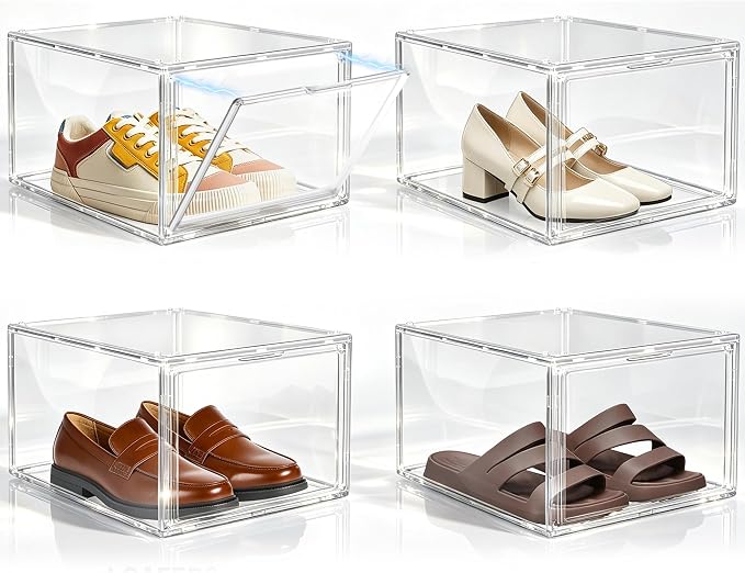 12 Pack Clear Acrylic Shoe Boxes Fit Size 12, Front Door for Small Closets | 10.2 x 13.4 x 7.5 in stackable shoe display case for apartments, dorms, entryways and compact closets. Fits up to US size 12