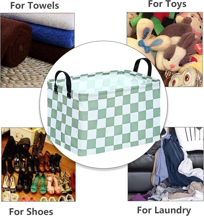 MAIZMZ Sage Checkered Storage Basket Baby Toys Organizer Bins Decorative Gifts Bakset Waterproof Nursery Hamper Women Storage Cube Kids Laundry Basket for Home/Dorm/Kitchen/Pet/Office/Closet/Shelf/