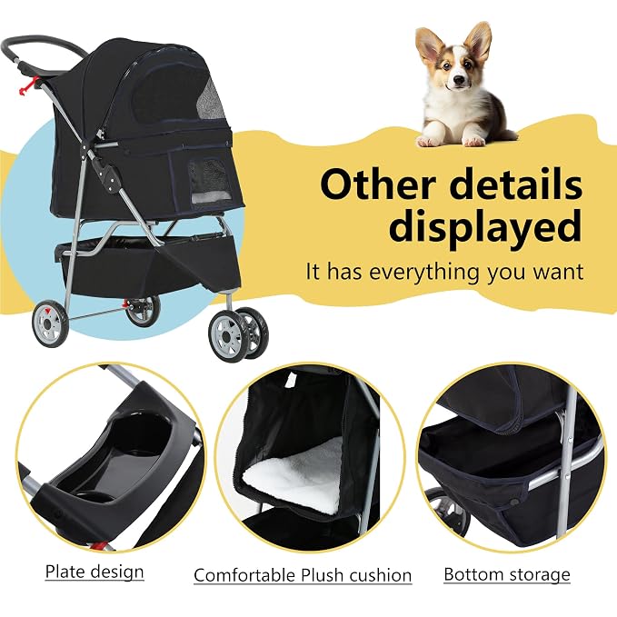FDW Pet Stroller 3-Wheel Durable Foldable Cat Dog Stroller with Washable Liner Storage Basket Cup Holder,Dark Black