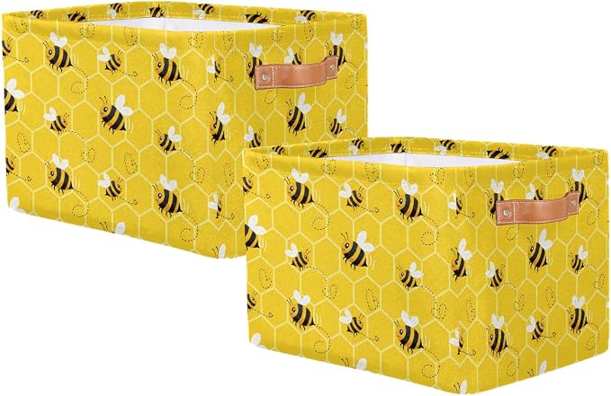 AUUXVA Storage Basket Yellow Bee Storage Cube Box Set of 2 Durable Canvas Collapsible Toy Basket Honeycomb Beehive Organizer Bin with Handles for Shelf Closet Bedroom Home Office