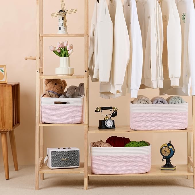 MiniArk Large Storage Baskets for Organizing, 17 x 13 x 7.5” Closet Shelf Baskets for Clothes Blanket Towels, Baby Nursery, Toy Bins Box, Woven Rope Baskets, 4 Packs Woven Pink