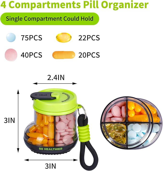 KIGI Travel Pill Organizer, Small Pill Dispenser with 4 Compartments, Portable Vitamins Organizer with Handle