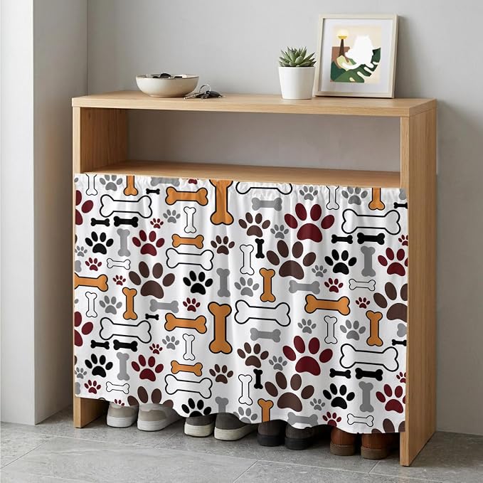 Dog Claws Cabinet Dishwasher Hidden Curtains, Privacy Closet Door Curtain, Pet Cat Cartoon Cute Animal Bone Pawprints Adhesive Dust Proof Under Sink Skirt for Bathroom Kitchen 35"x35"