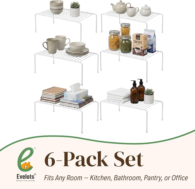 Evelots Wire Shelf Organizer Set, Metal Cabinet Shelf Risers, 6-Pack, White | 6-Pack rustproof metal wire shelf organizers create extra storage space in kitchen cabinets, pantries, freezers and bathrooms