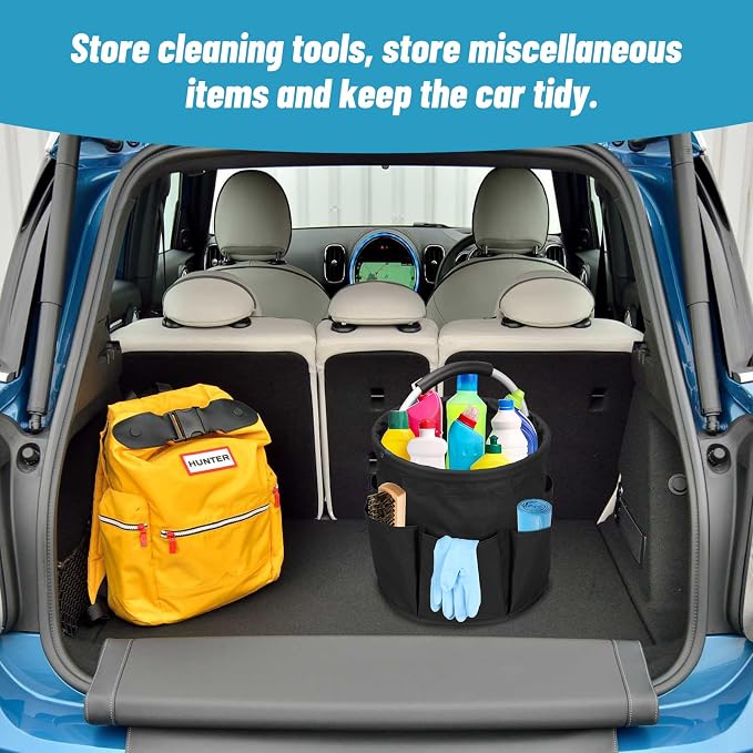 17L Portable Cleaning Bucket Organiser, 6 Pockets Foldable Cleaning Caddy with Handle Wearable Cleaning Caddy Bag for Outdoor Camping Garden Harvest Basket Home Bathroom Storage (Black)