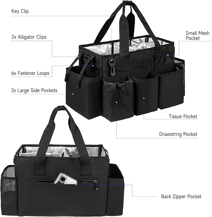 Cleaning Caddy Bag, Cleaning Supplies Organizer for Housekeepers, Housekeeping Caddy with Handle and Detachable Padded Cushion, Black