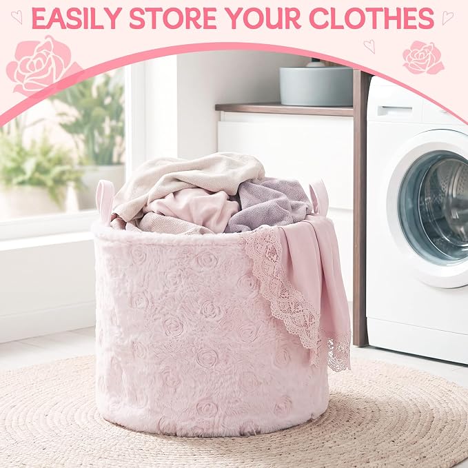 LemonRoad Extra Large Basket 20"x14", Woven Basket for Laundry Blanket Toy Box with Handle Storage, Blanket Storage for Living Room Nursery Pillows Chest(Pv Plush,Roses,Pink)
