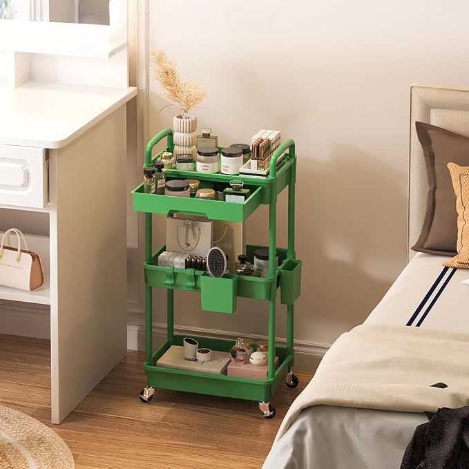3 Tier Rolling Utility Cart with Drawer, Plastic Storage Organizer Rolling Carts with Wheels Handles Hanging Cups Hooks for Office, Bathroom, Kitchen,Craft Art Room (Green)
