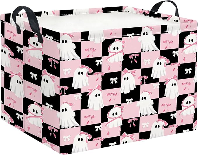 Rectangle Storage Basket with Handles,Collapsible Storage Bin,Gift Basket(Pink Check Halloween)