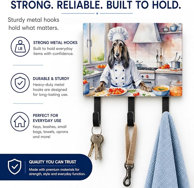 Caroline's Treasures Afghan Hound The Chef Leash or Key Holder Wall Hooks, Key Hooks Holder, Coat Rack Wall Mount, Coat Hooks, Hooks for Hanging Keys, Towels, Aprons, Leashes | Afghan Hound The Chef artwork on ceramic tile with three steel hooks for ke...