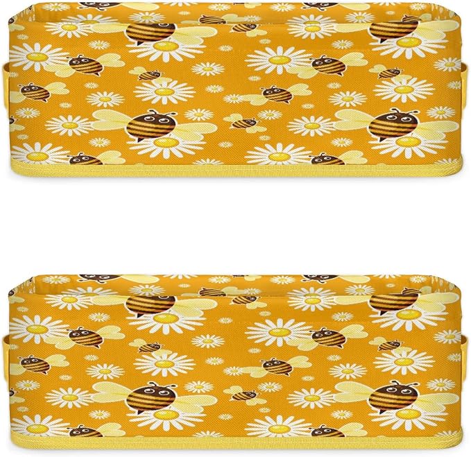 Bee Daisy Cartoon Bathroom Storage Basket, Foldable with Handle Open Countertop Paper Towel Decorative Box, Toilet Tank Top Shelf Baskets for Home Closet Bedroom Living Room Office